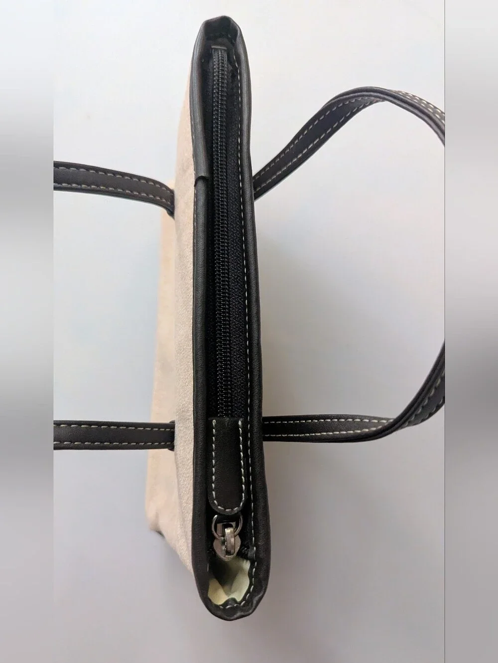Lancome Beige Brushed Felt Brown Leather Trim Lined Zippered Clutch Tote 8.5
